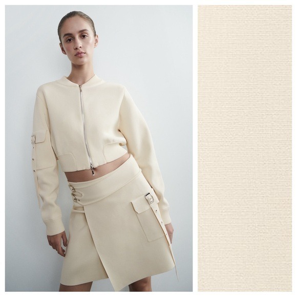NWT. Zara Cream Viscose Blend Knit High-Waisted Skirt with Buckles. Size XS.