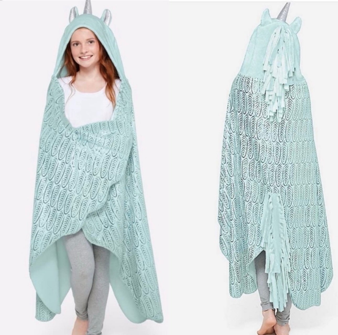Justice Girls Wearable Hooded Unicorn Blanket Cozy Soft w/Hood Horn Tail Mittens
