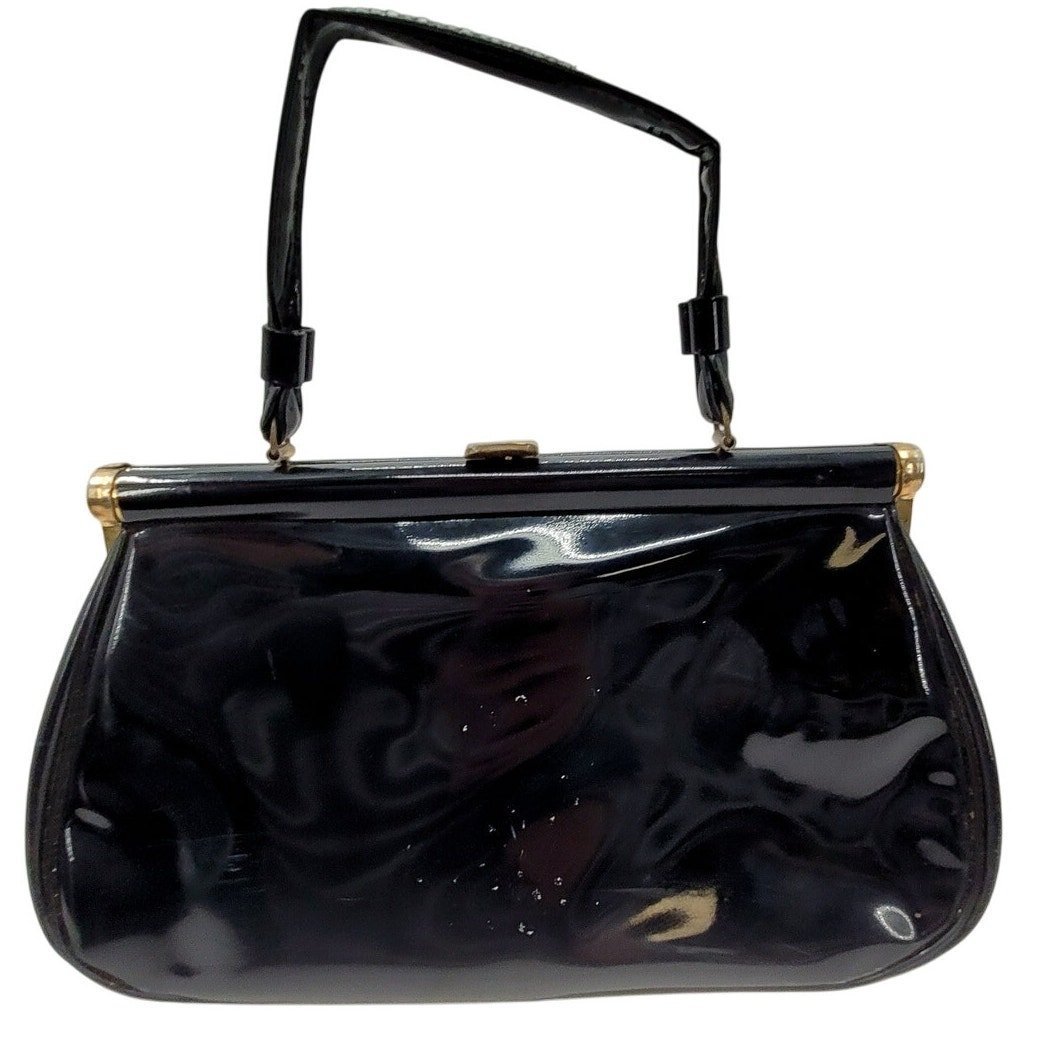 Vintage 50s Patent Leather Vinyl Top Handle Clasp Frame Satchel Handbag Purse