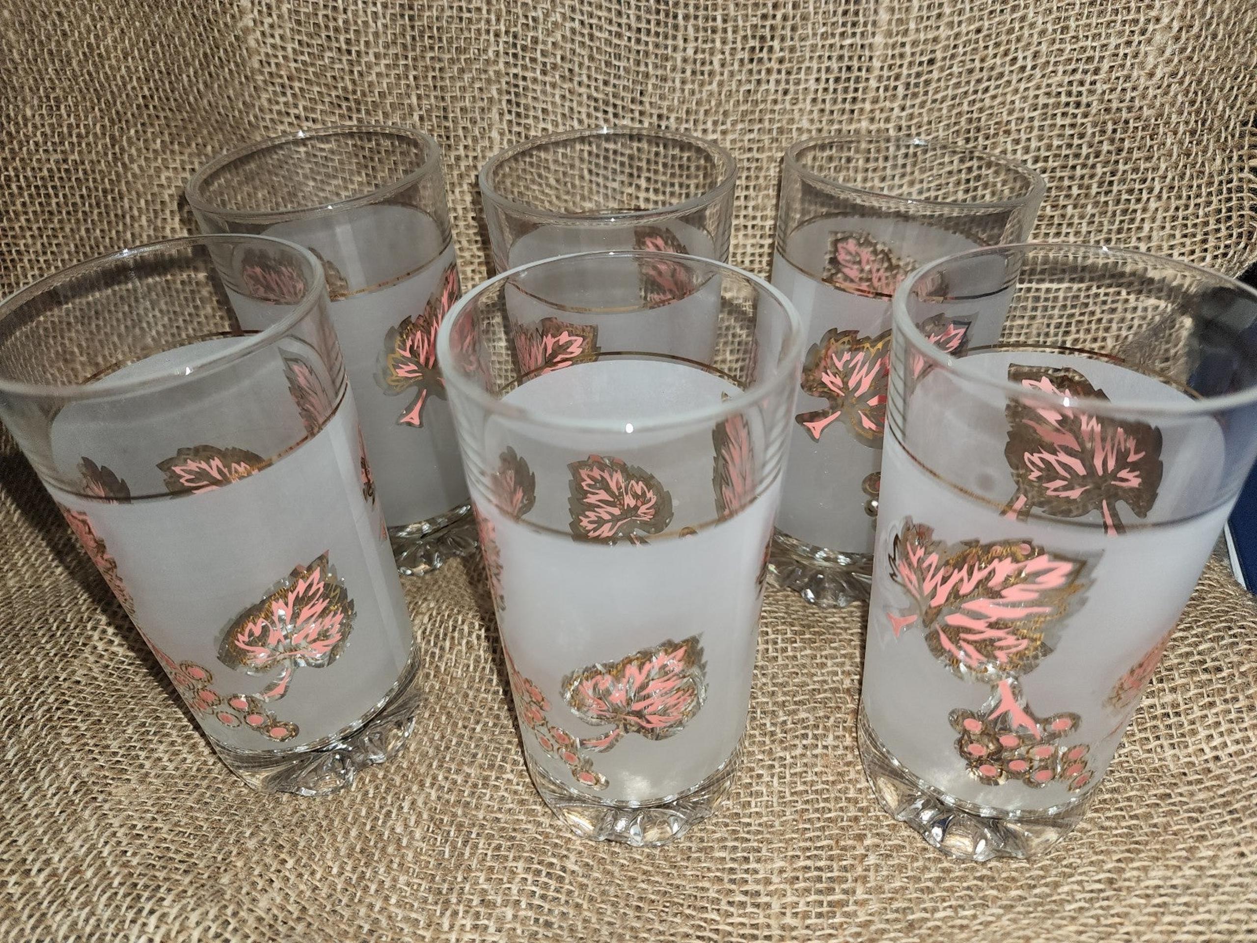 Vintage Mid Century Modern Frosted Coral/Peach l Glasses Gold Leaves 6