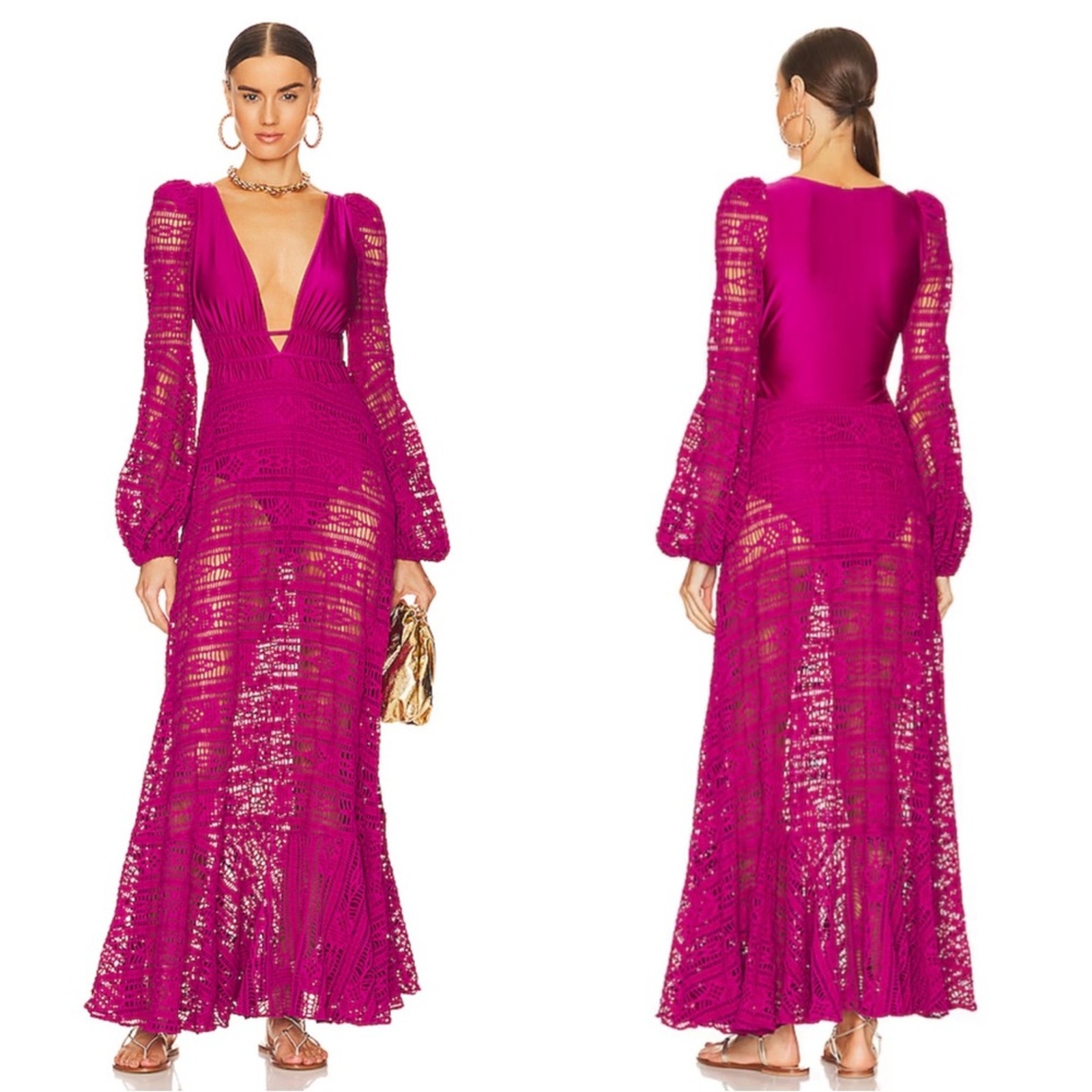 Patbo Magenta Pink Crochet Deep V Neck Long Sleeve Beach Maxi Dress Size S