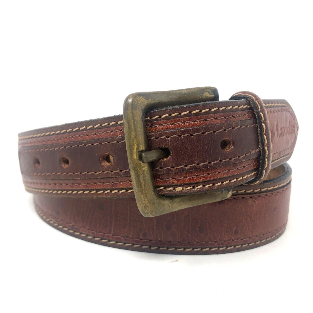VTG Guy Laroche Leather Belt Mens 34 Faux Ostrich Contrast Stitch Brass Buckle
