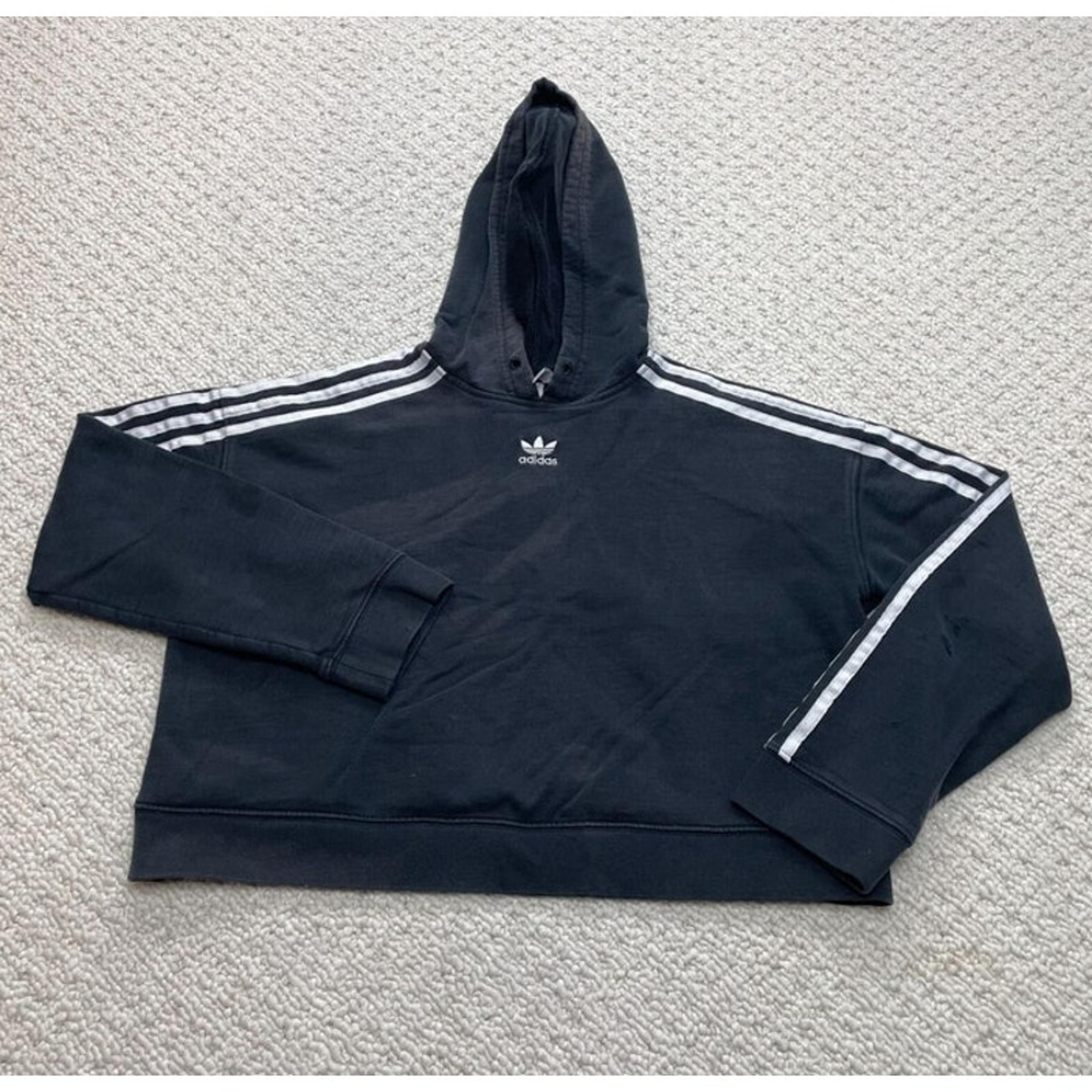 Adidas Women's Cropped hoodie Medium Y2K Vintage Black Striped Center Logo XS