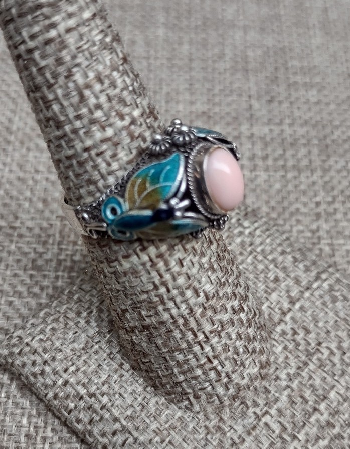 Shops Chinese sterling silver coral turquoise blue enamel butterfly ring 925 export