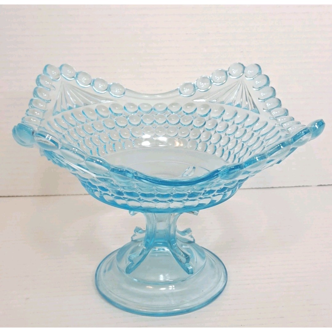 Thousand Eye Pattern Compote Candy Dish By The US Glass Co. 1880s Ice Blue Aqua