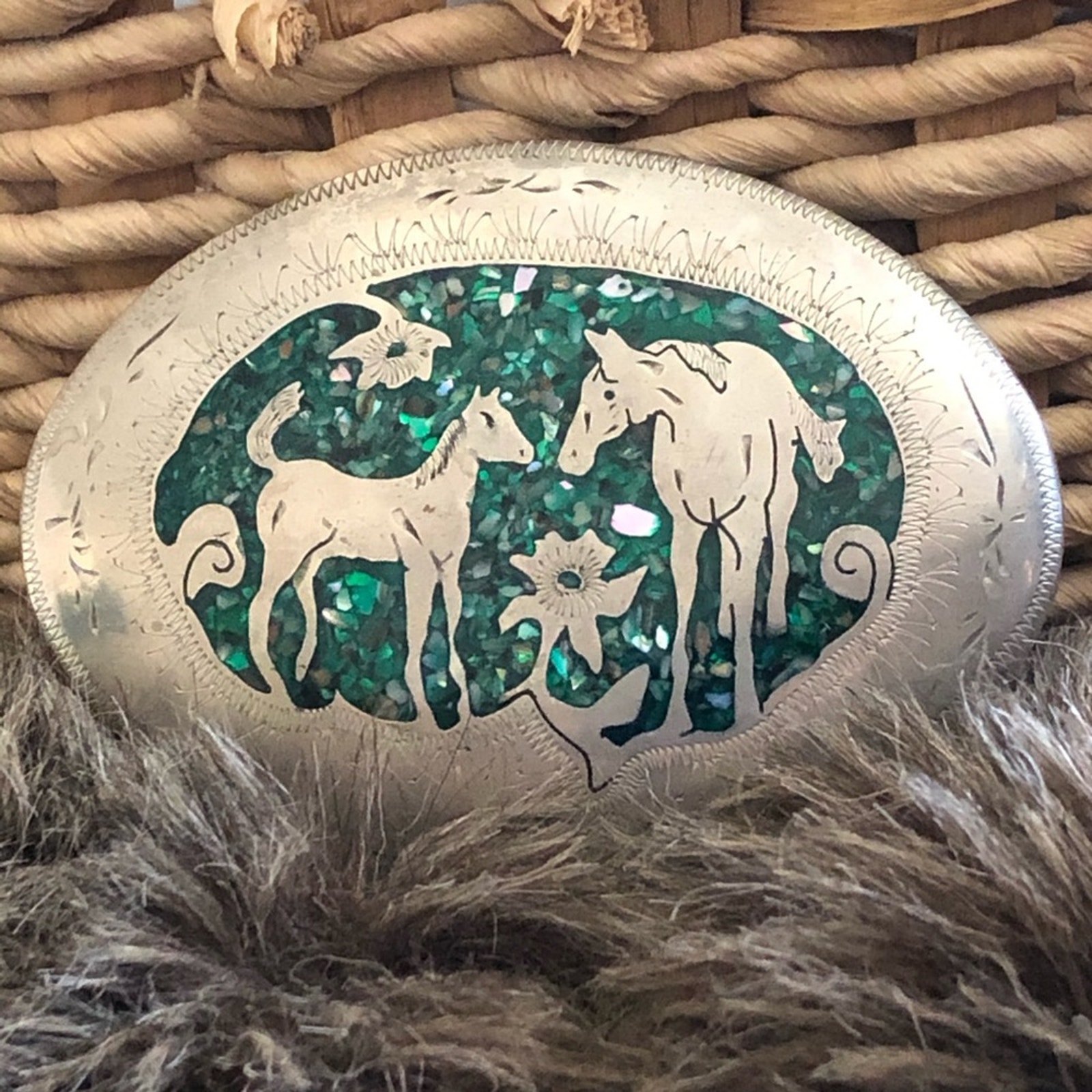 Vintage artist signed inlaid stone belt buckle
