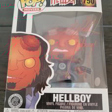 Ron Perlman signed Hellboy Movies Funko Pop #750 with Hellboy inscription.