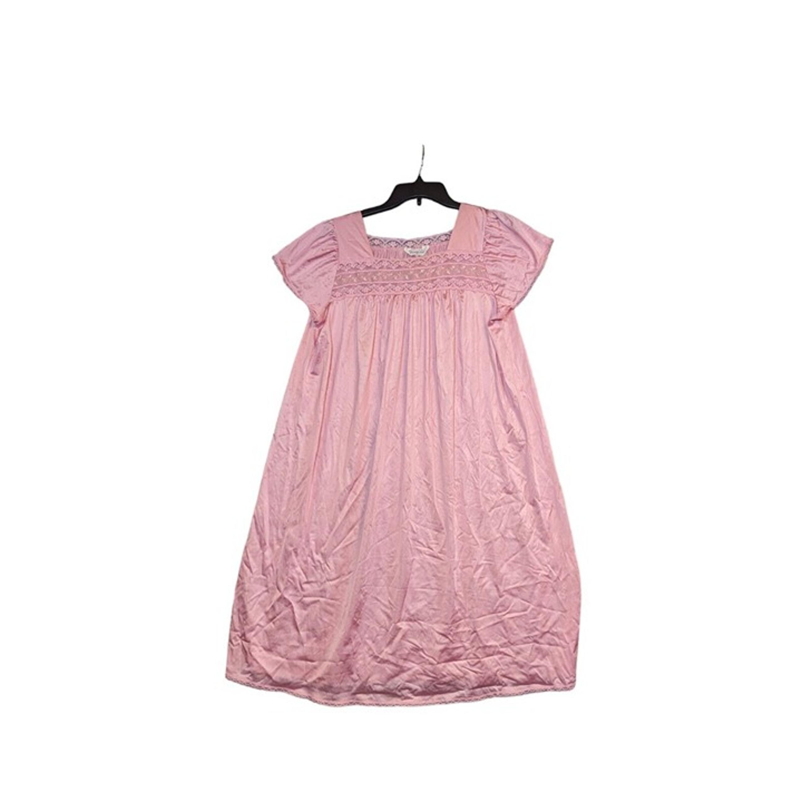 Vintage Vanity Fair Nightgown Womens L Pink Short Sleeve Silky Lace Neck