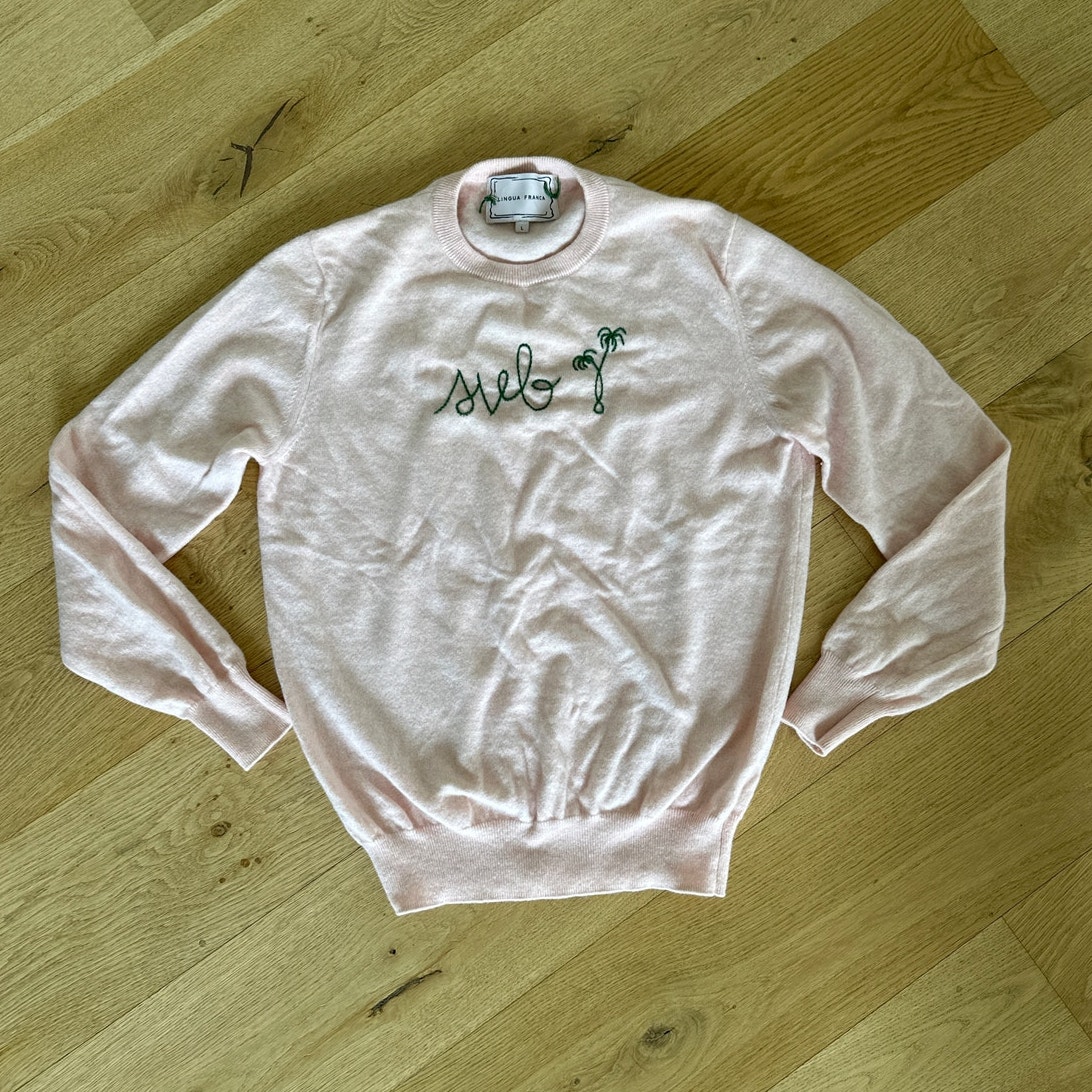 Lingua Franca - Embroidered Crew Neck 100% Cashmere Sweater in Pale Pink & Green