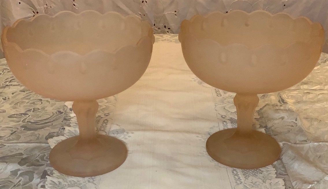 SET of 2-1950’s XL Frosted Pink Scalloped Edge Compotes by Indiana Glass Co.