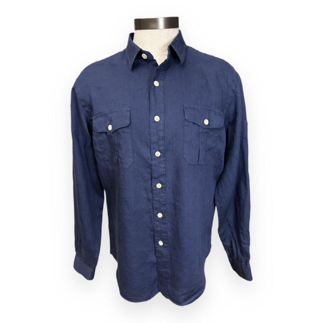 Polo Ralph Lauren Navy Linen Safari Shirt Men's XL 90s Vintage Utility Workwear
