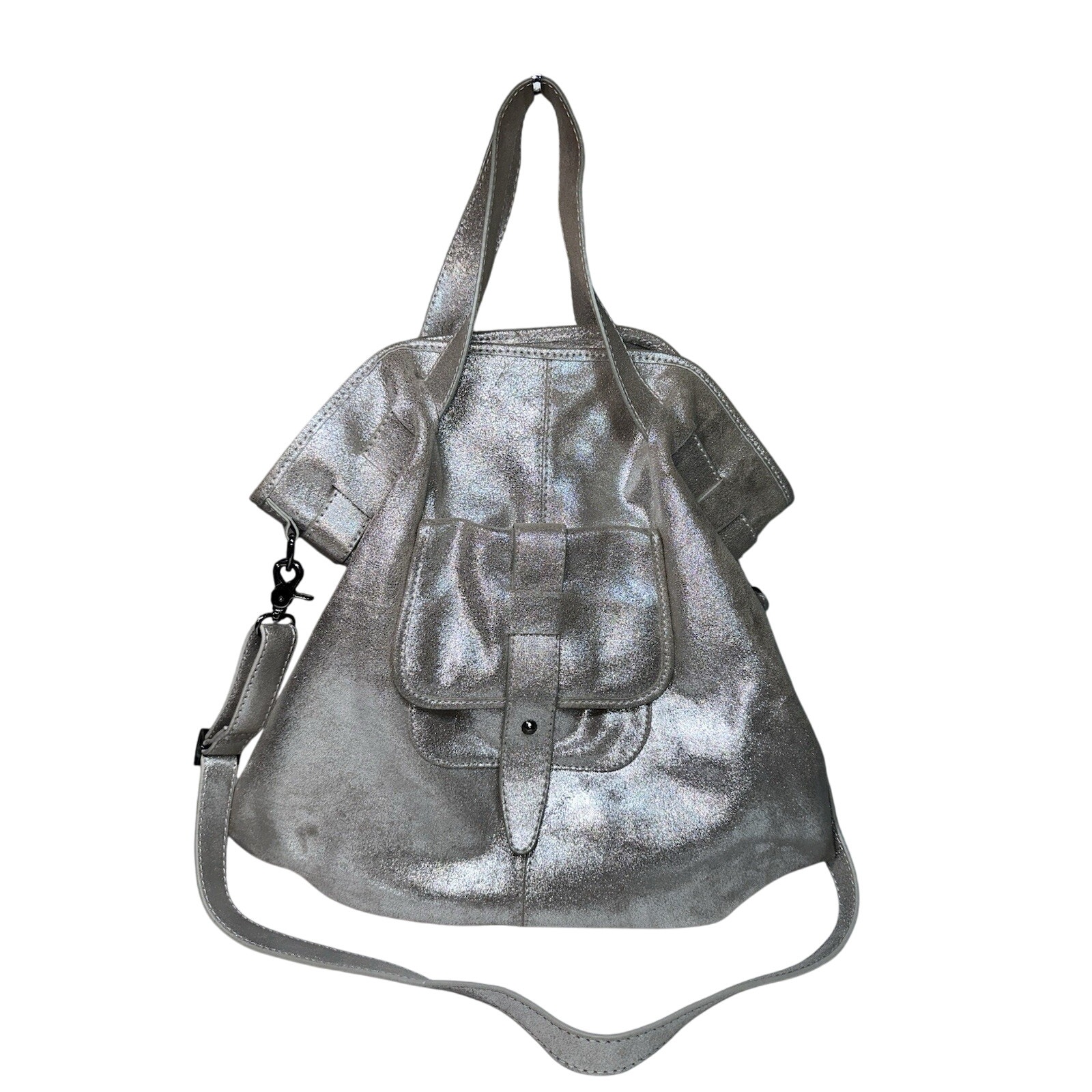 Trace Of Kale Metallic Silver /Champagne Leather Large Satchel Shoulder Bag Rare