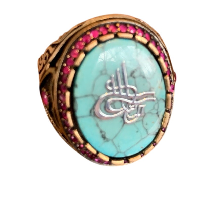 Handmade in Turkey Faux Turquoise Pink Topaz Tugra Men Size 10.75 Statement Ring