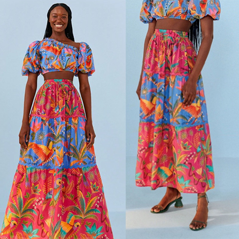 NWT Farm Rio Macaw Party Mix Tiered Maxi Skirt Women's Blue Size: Small