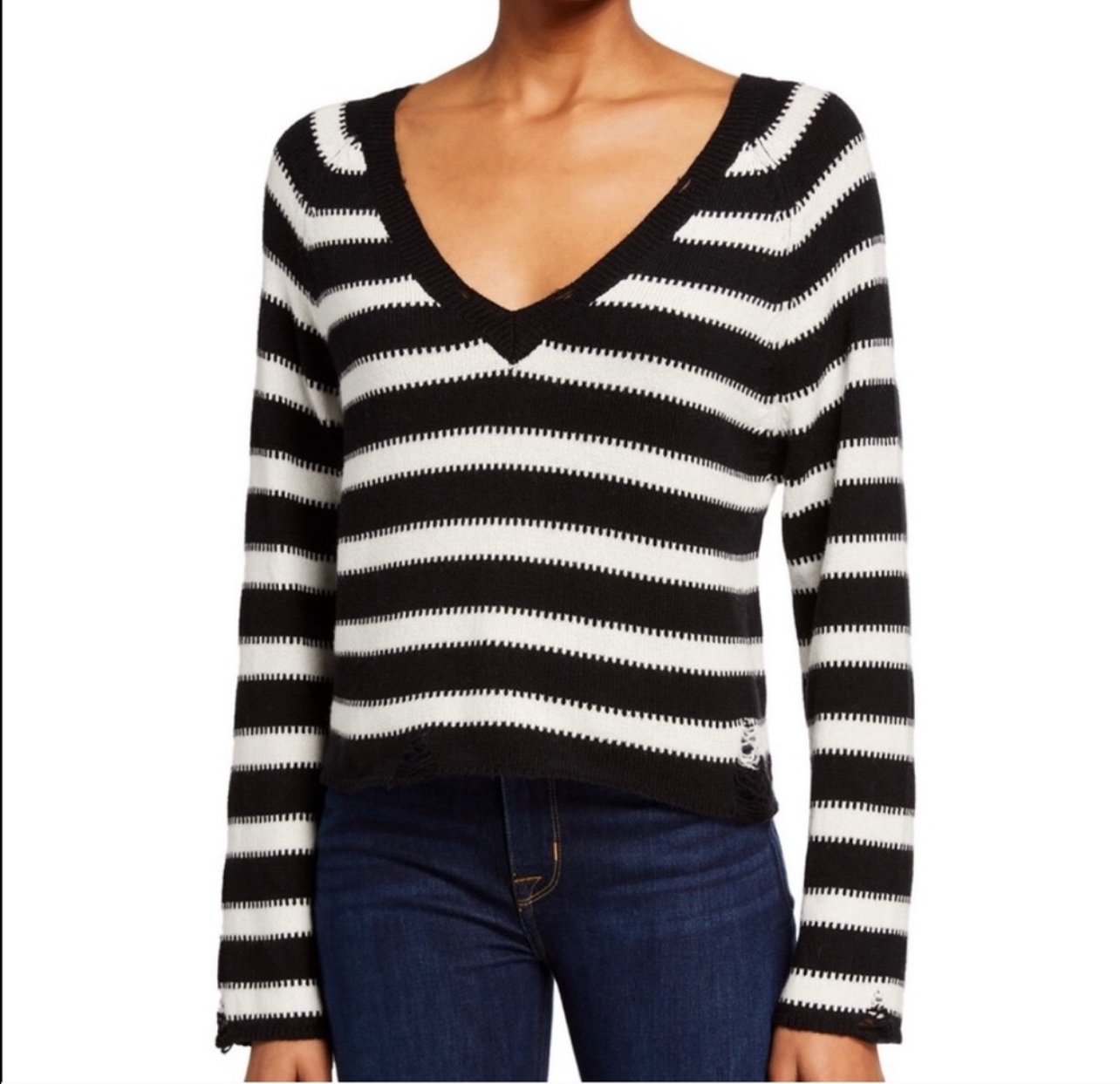 WILDFOX Leanne Striped Distressed Sweater V Neck Women Large NEW. 203
