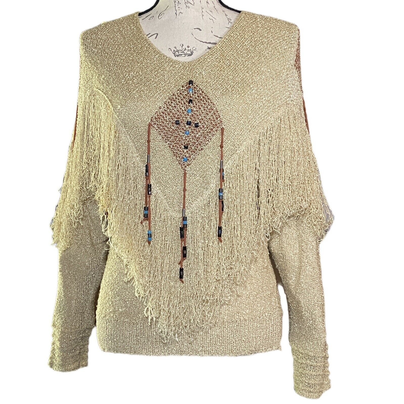 Vintage Sakowitz Womens M Weaved Accent Beaded Fringed Wheat Loose Knit Sweater