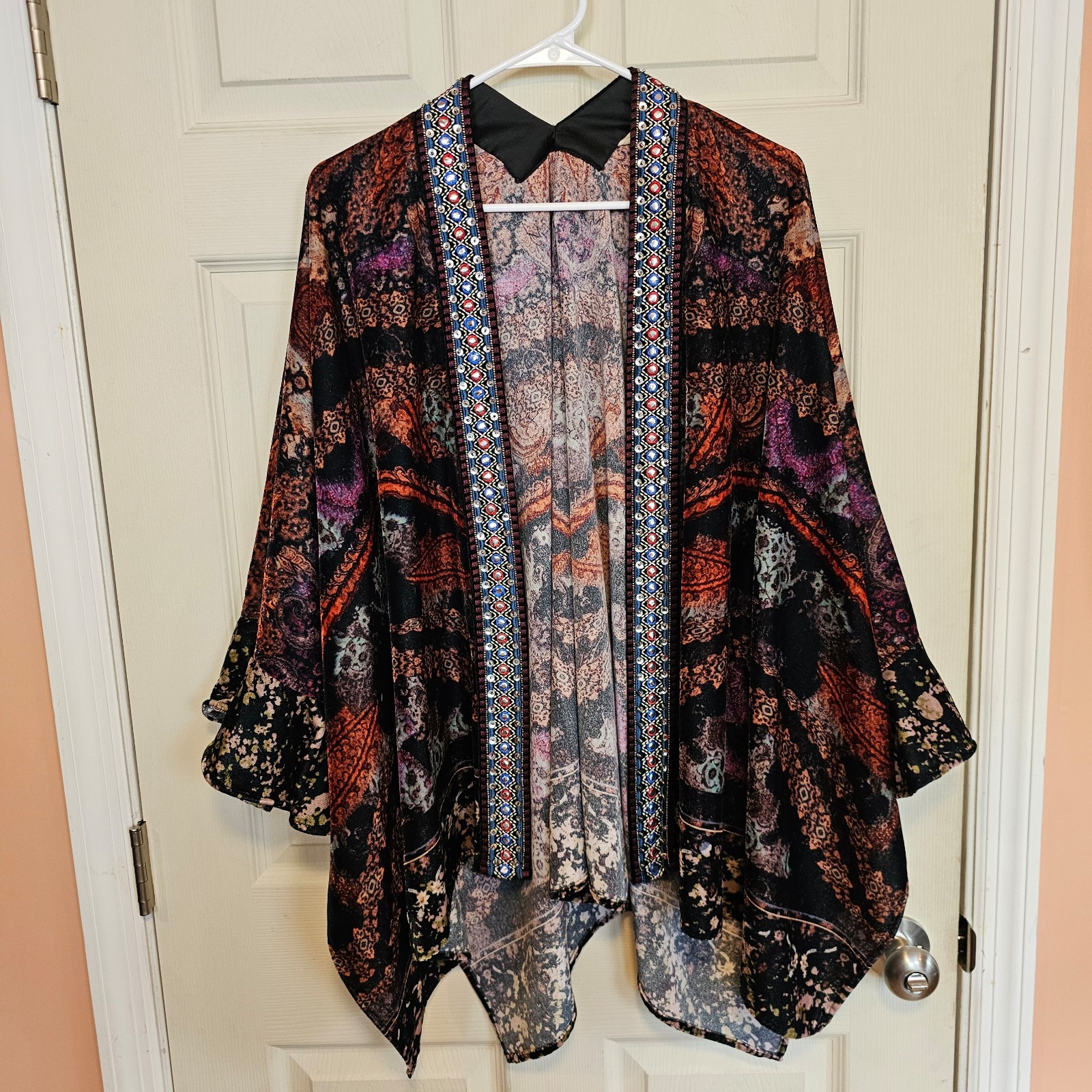 Soft Surroundings Velevt Floral Mixed Print Beaded Bohemian Kimono Shrug