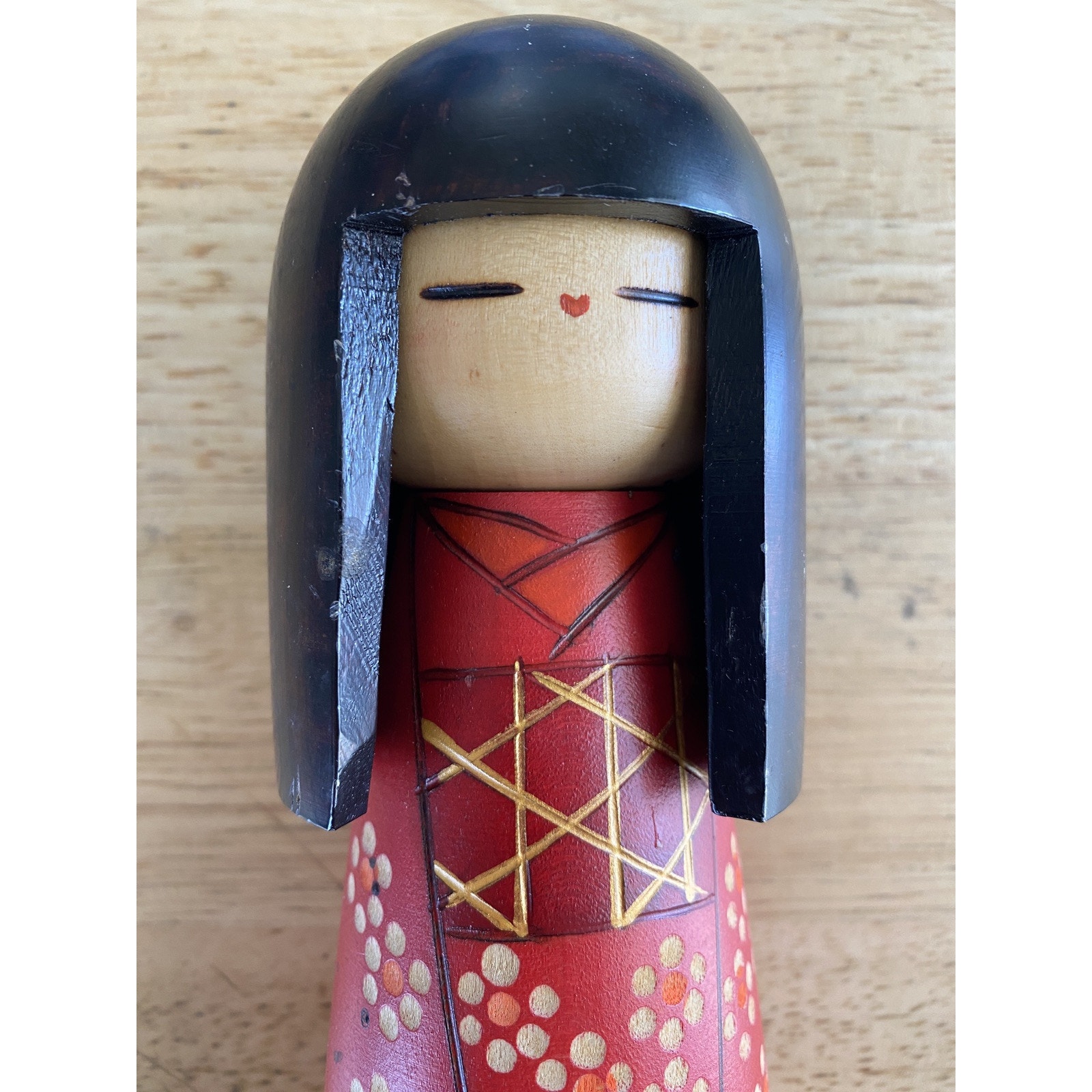 JAPANESE KOKESHI DOLL by Kazu Wooden Red Orange Gold Floral Kimono Stamp