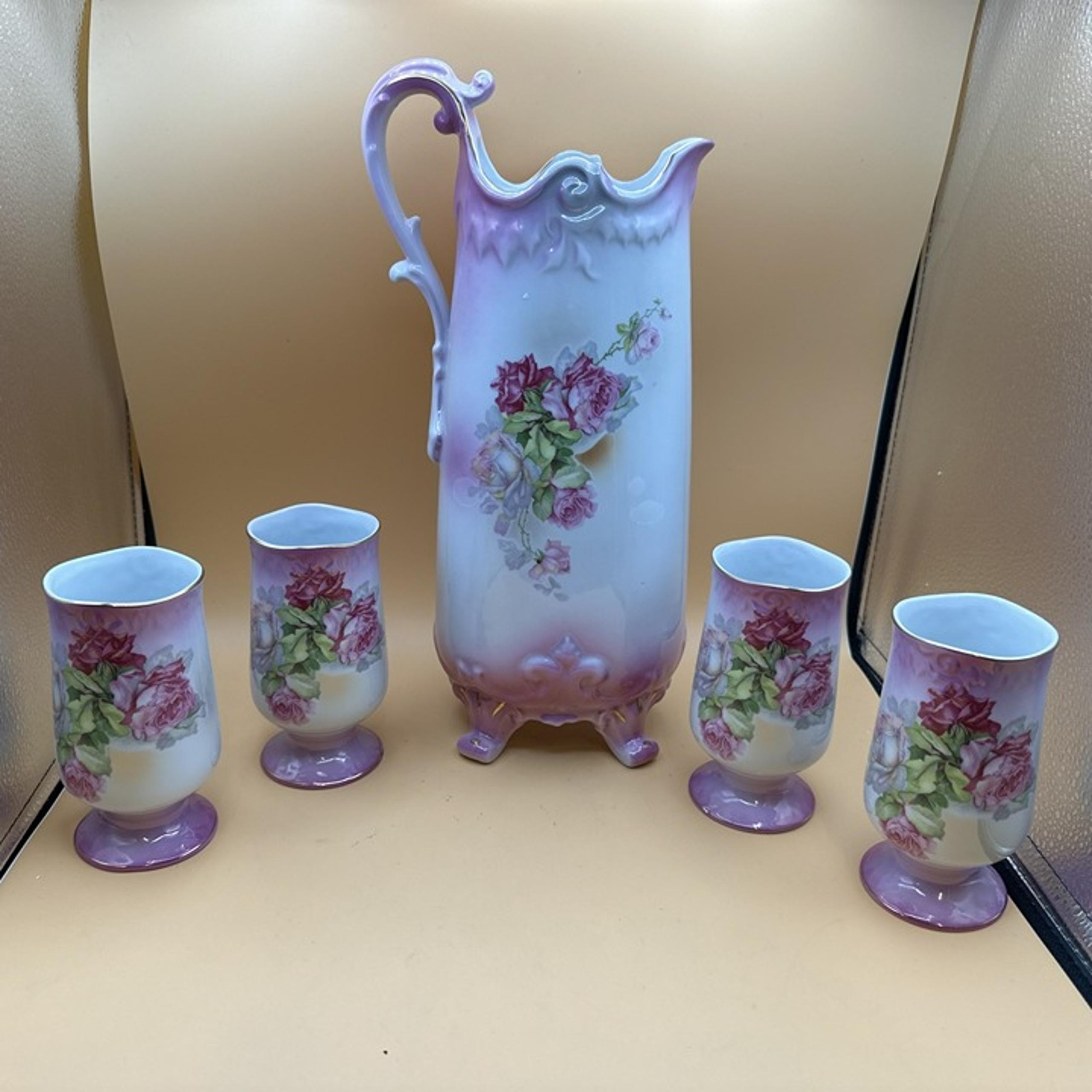 Nippon Pitcher Glasses Lemonade Cider Set Hand Painted 5 pc Roses Gold Rimmed