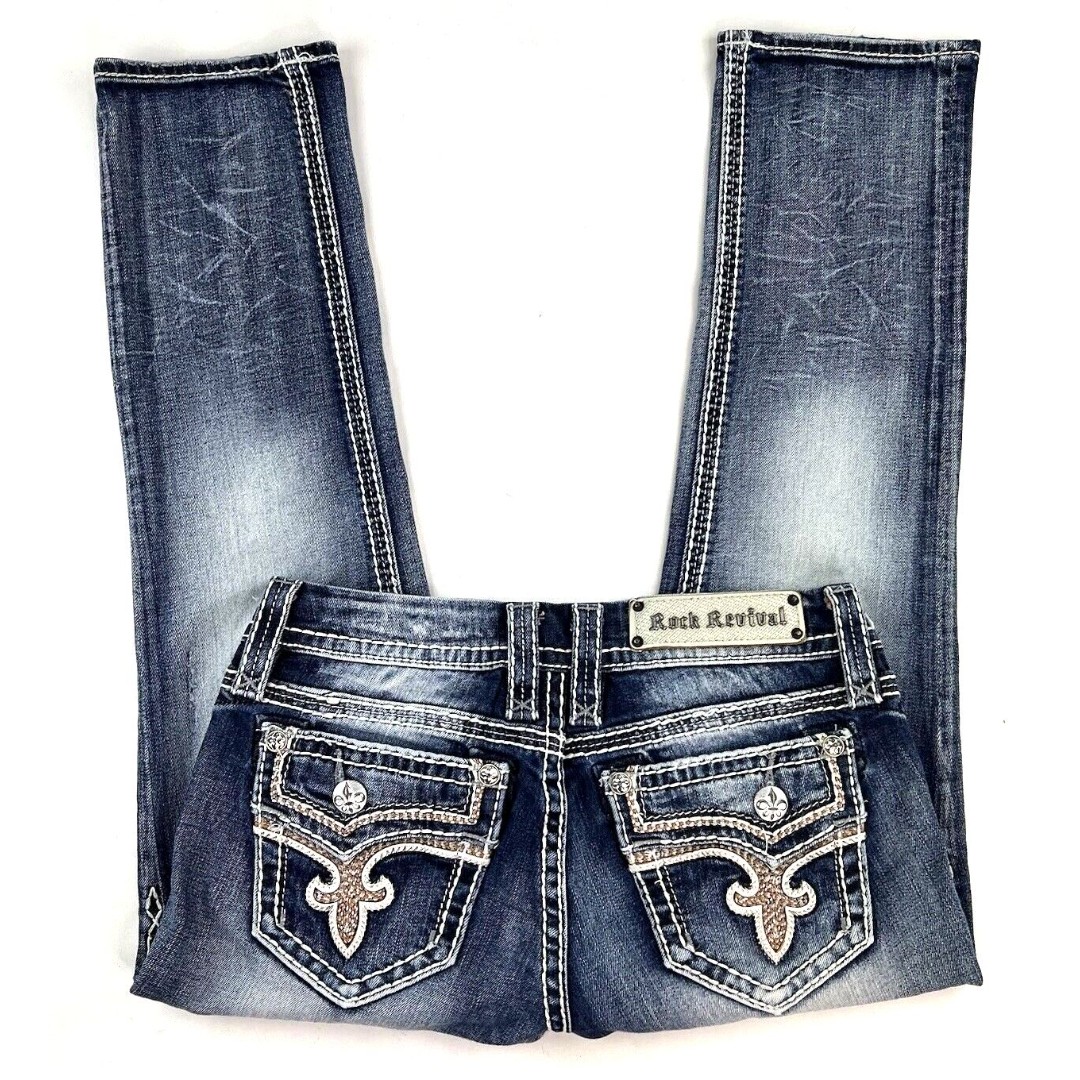 Rock Revival Betty Capri Jeans Embellished Leather Insert Stretch Blue Womens 27