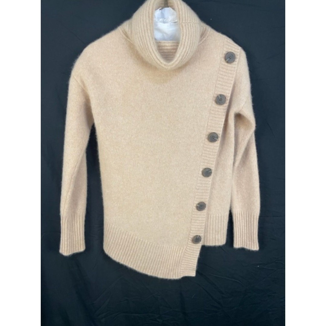 Saks Fifth Avenue XS 100% Cashmere Camel Asymmetrical Turtleneck Sweater Buttons