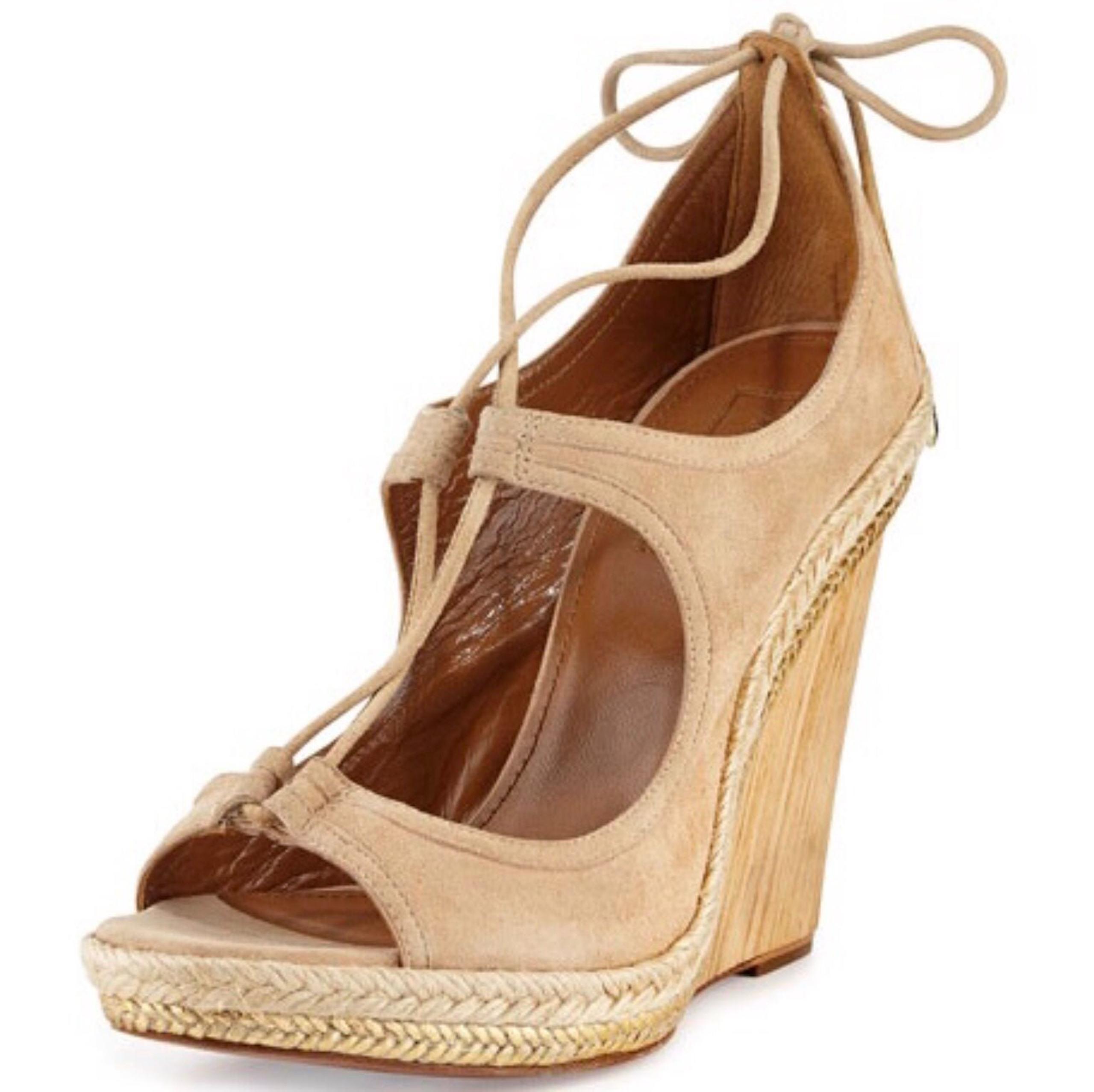 Aquazzura Christy lace-up beige suede wedge sandals IT 36.5 US 6.5