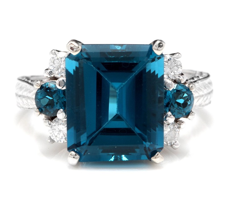 7.85Ct Natural Emerald Cut London Blue Topaz & Diamond Solitaire Ring 14k White