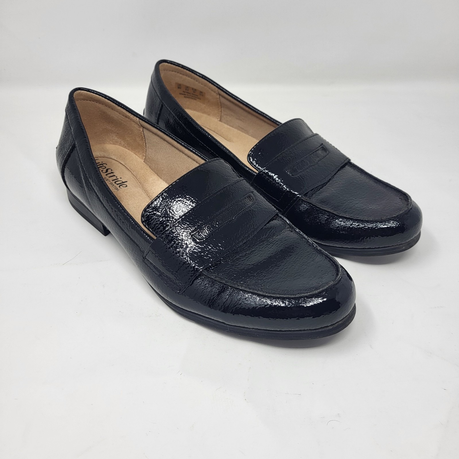 LifeStride Madison Women 9W Wide penny loafers black faux leather Shiny Comfort