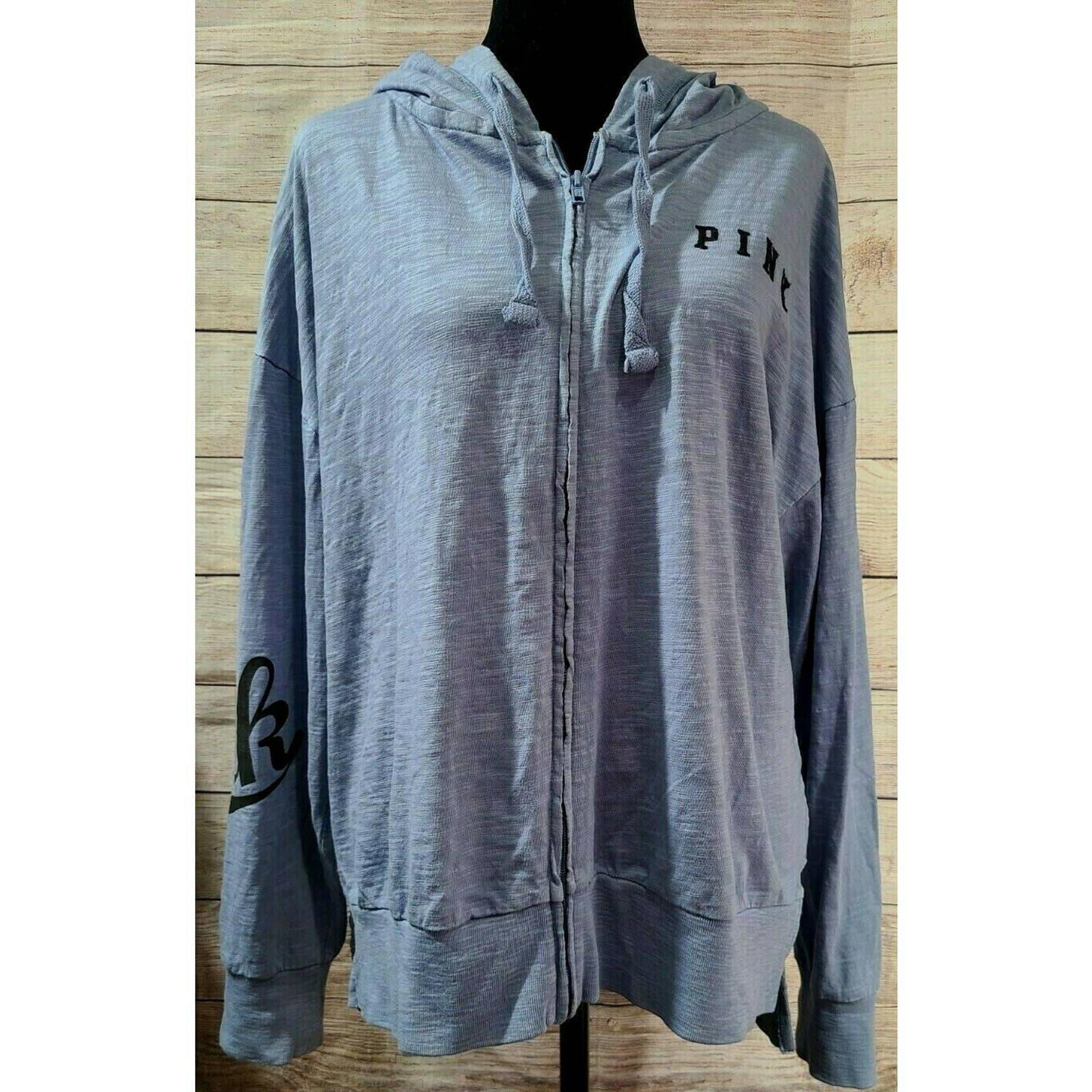 Victoria's Secret Pink Women's Full Zip Hoodie Size Medium Blue Gray Side Slits