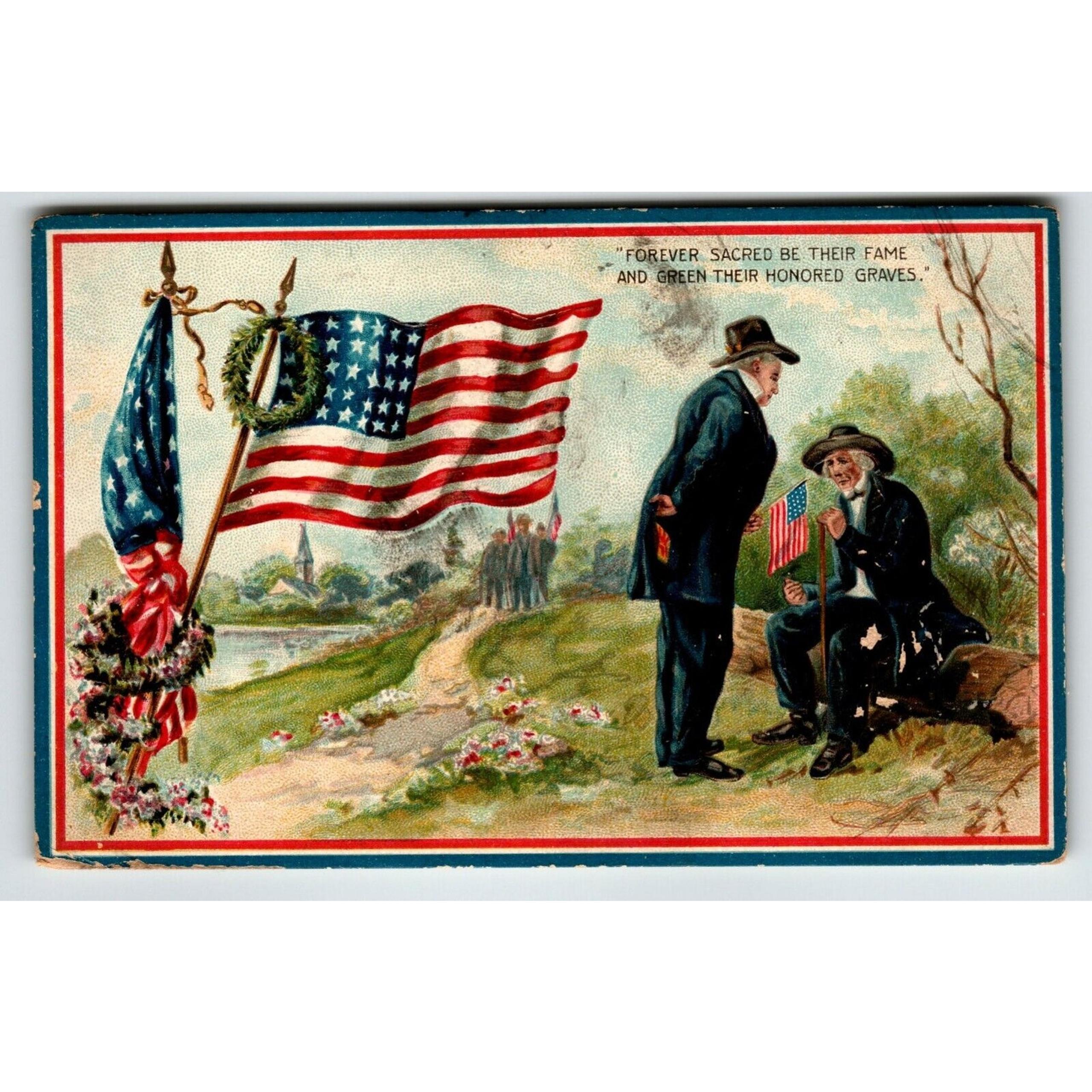 Memorial Decoration Day Postcard Military Soldier Veteran USA Flags Tuck 158