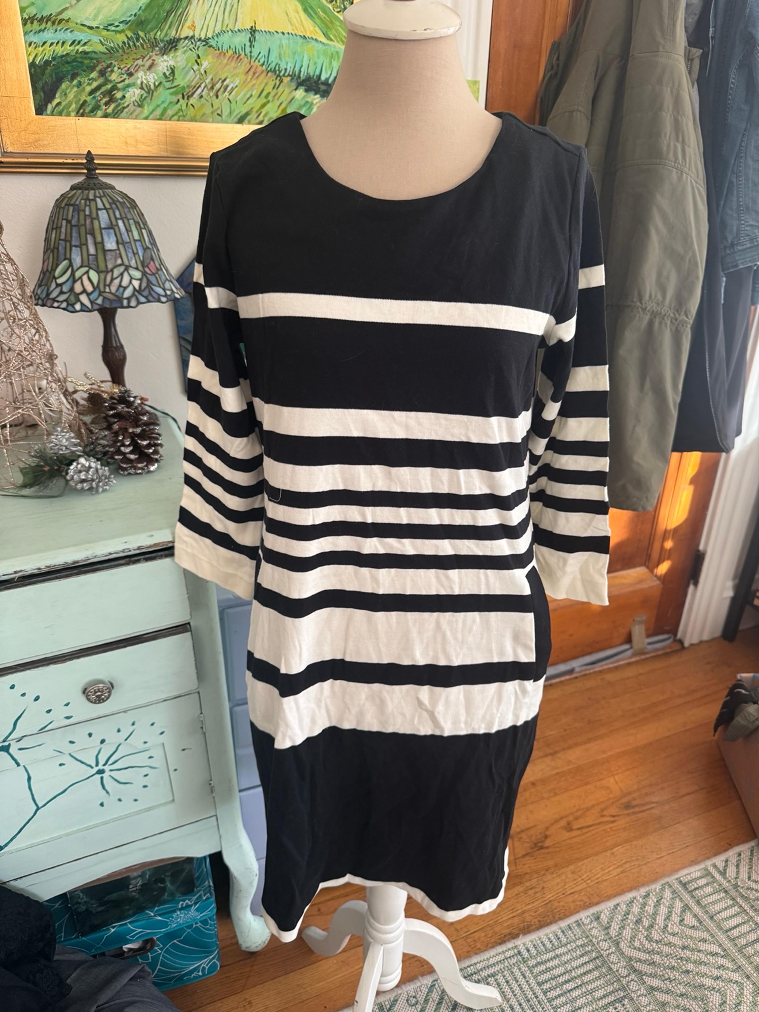 Joan Vass Black and White Striped Dress M Cotton Knit Workwear VGUC Classic