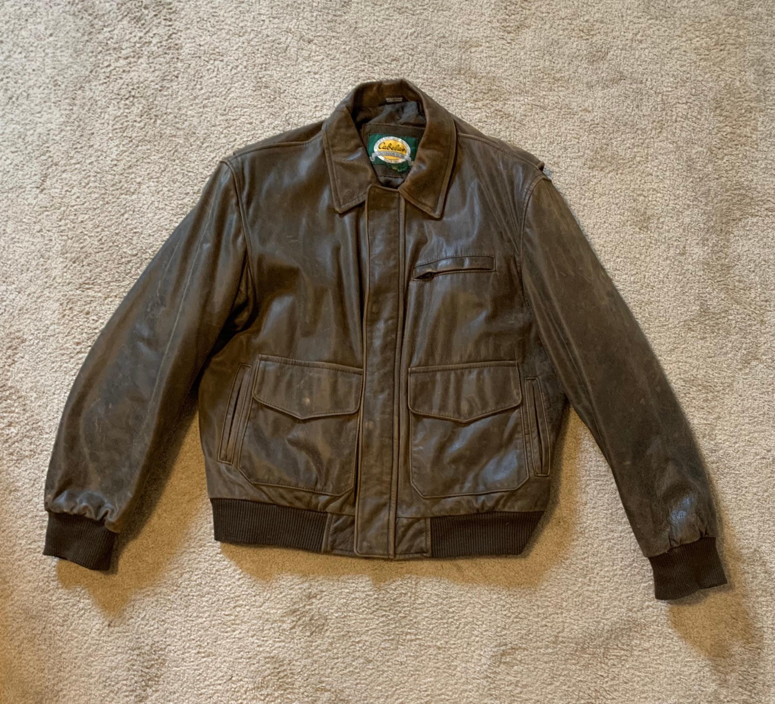 Vintage Cabela's Outfitters Outdoor Gear Brown Leather Jacket Coat Men's Large