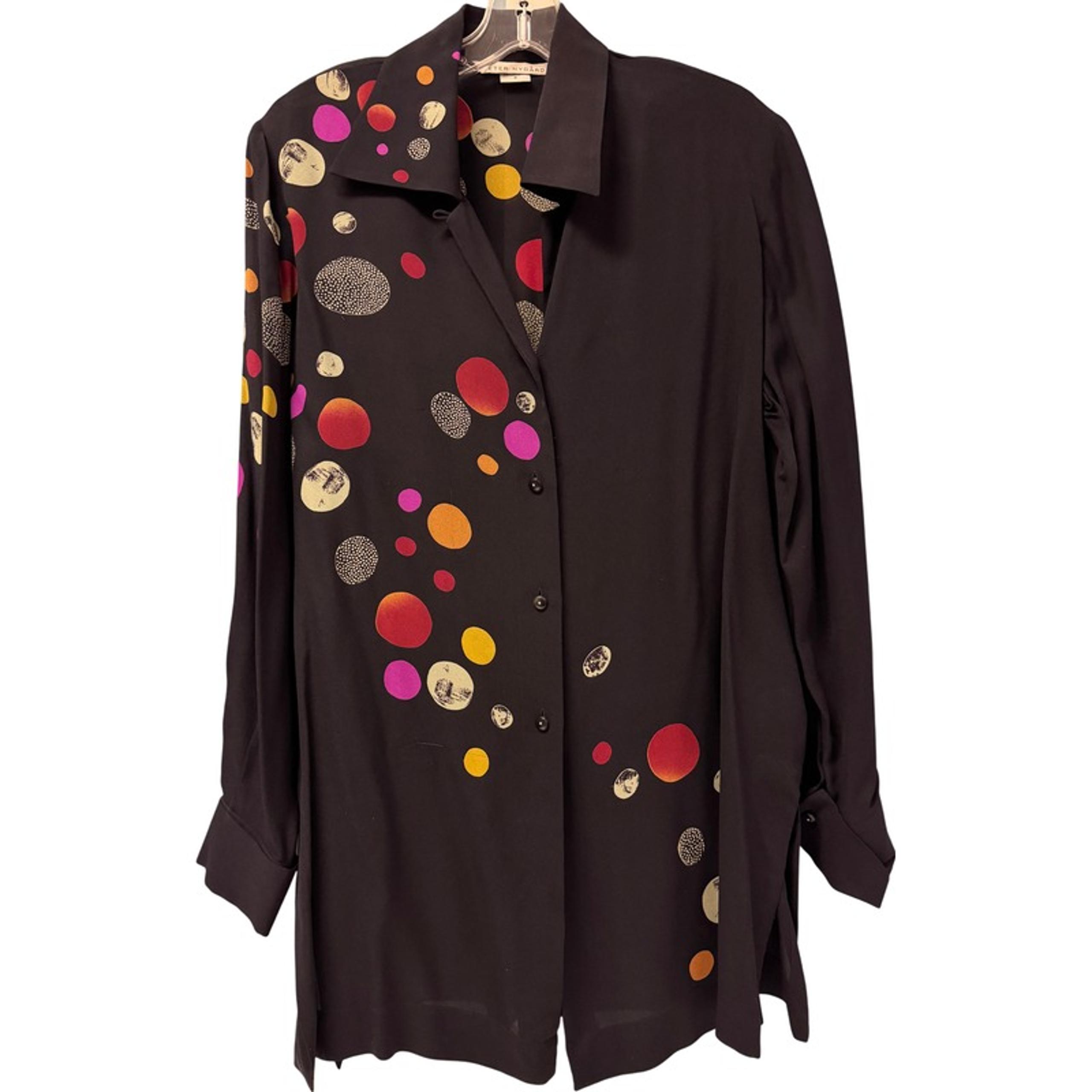 Vintage Peter Nygard Black Blouse Silk Multicolor Dots Long Sleeve S