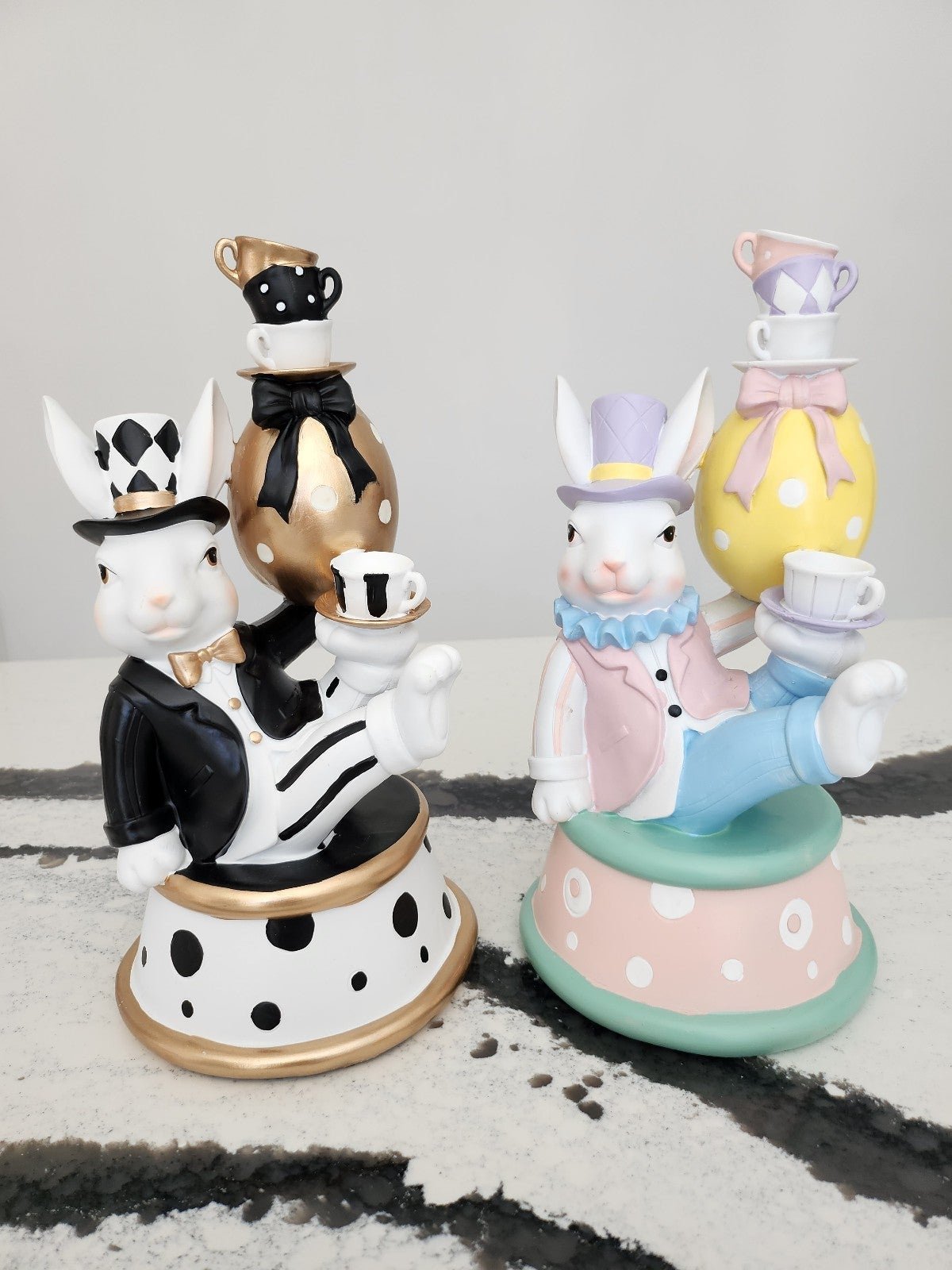 New 12” Easter Mad Hatter Bunny Rabbit Balancing Teacups Figurine Decor (2 Sets)