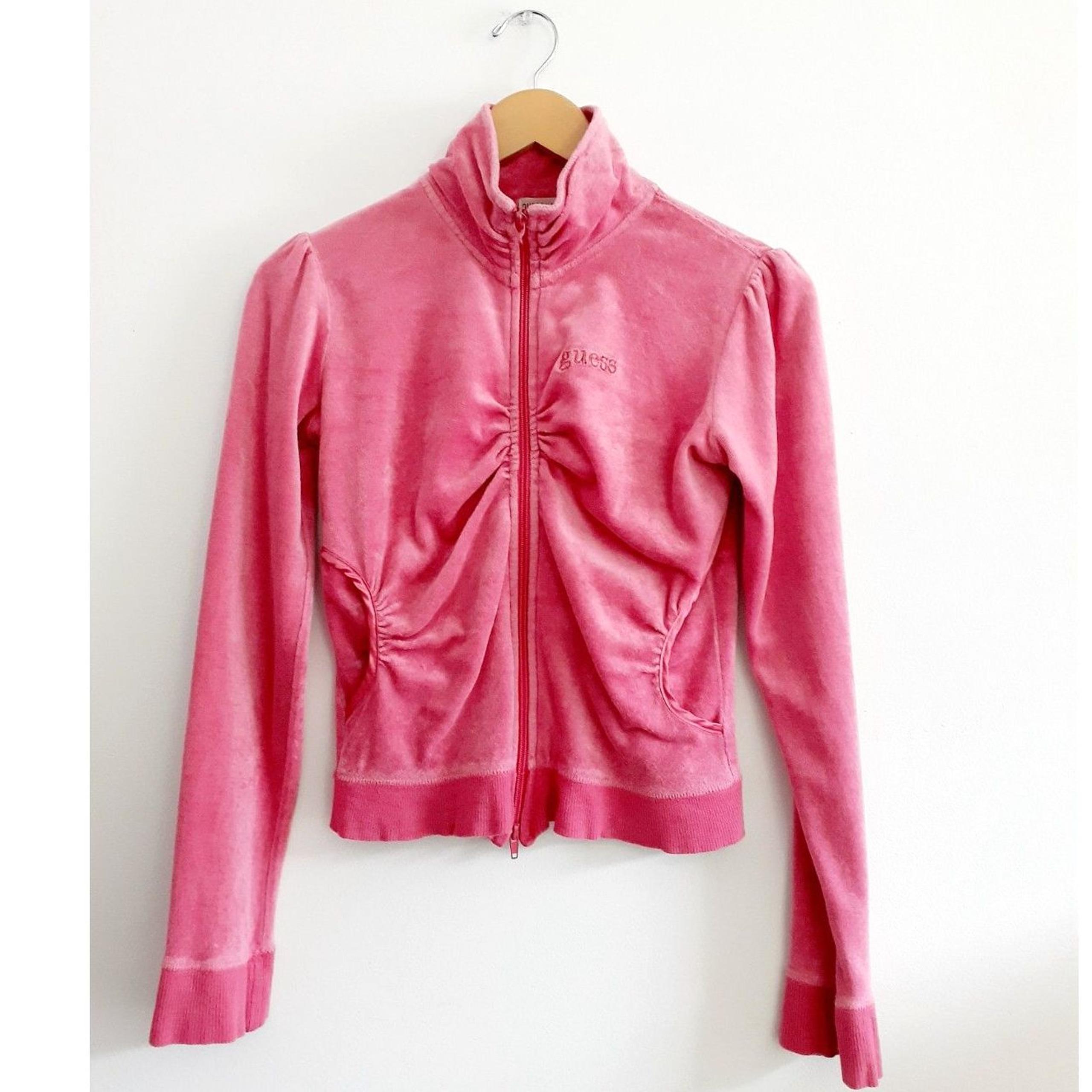 Y2K Guess Jeans Authentic FullZip Cinched Velour Preppy Girl Pink Hoodie Small