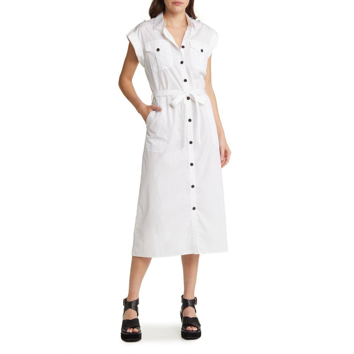RAG & BONE White Roxanne Short Sleeve Cotton Midi Shirtdress Size L NWOT