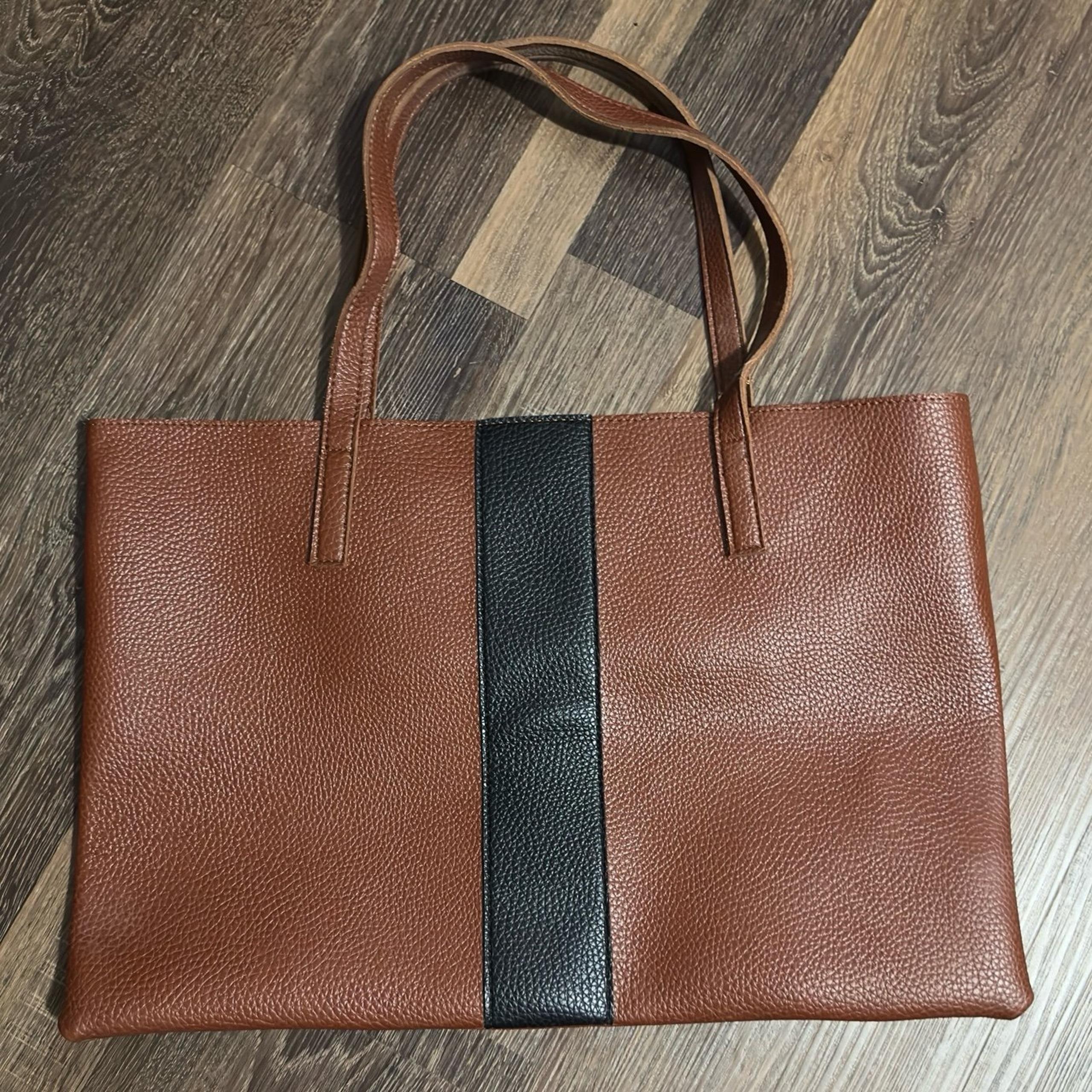 Vince Camuto All Leather Open Top Tote Carryall Shoulder Bag Purse Brown/Black