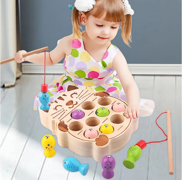 Wooden baby magnetic fishing toy Toddler toy Birthday cat toy