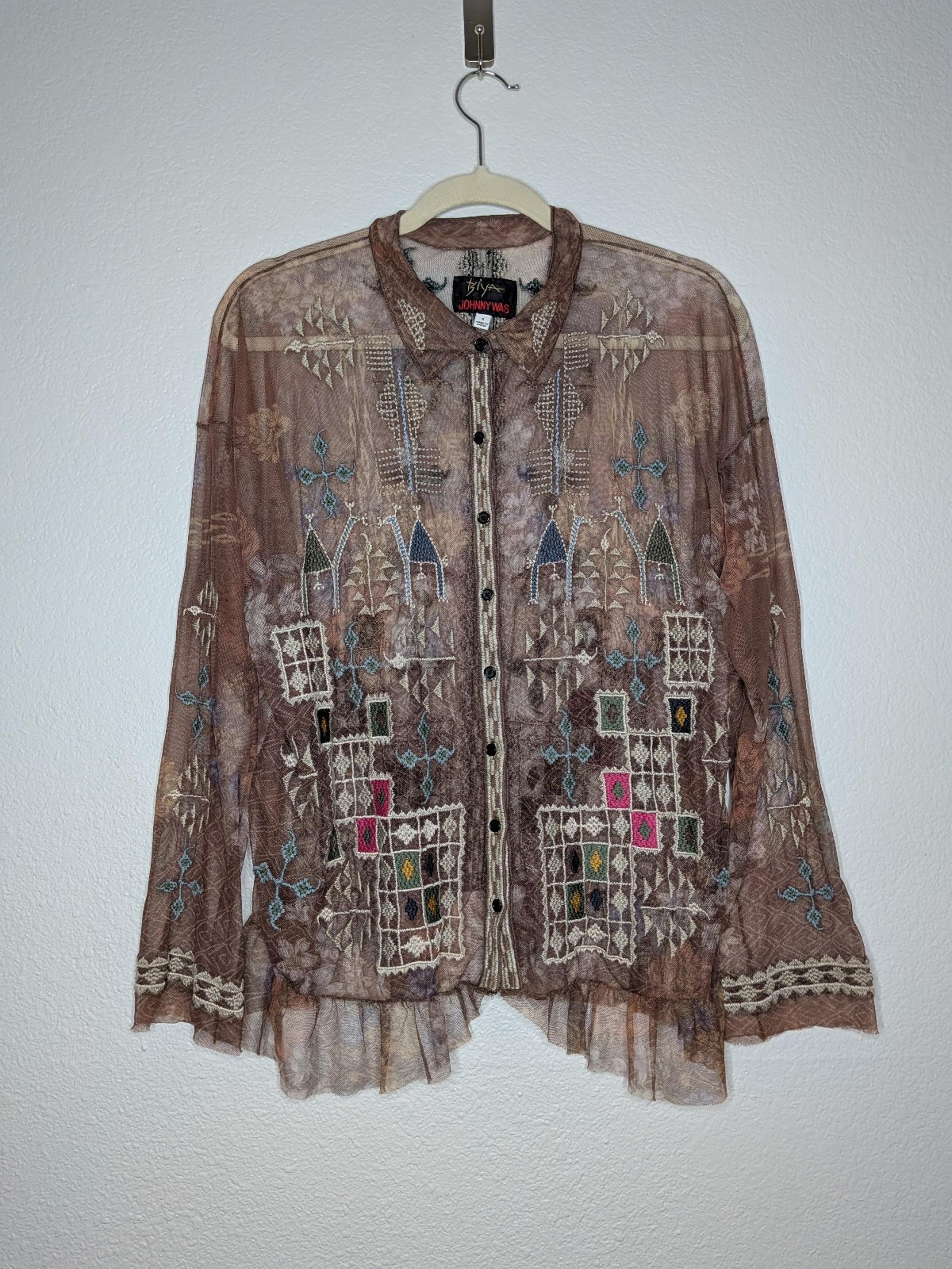 Johnny Was Biya Womens Brown Sheer Mesh Tulle Embroidered Boho Button Down S