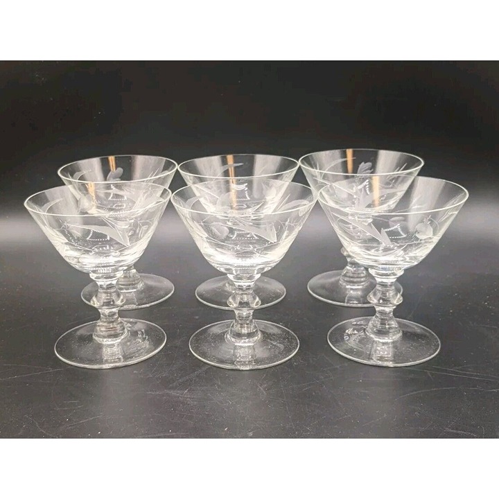 Vtg Cocktail Glasses Champagne Sherbets Set of 6 Clear Etched Floral 4 oz NOS
