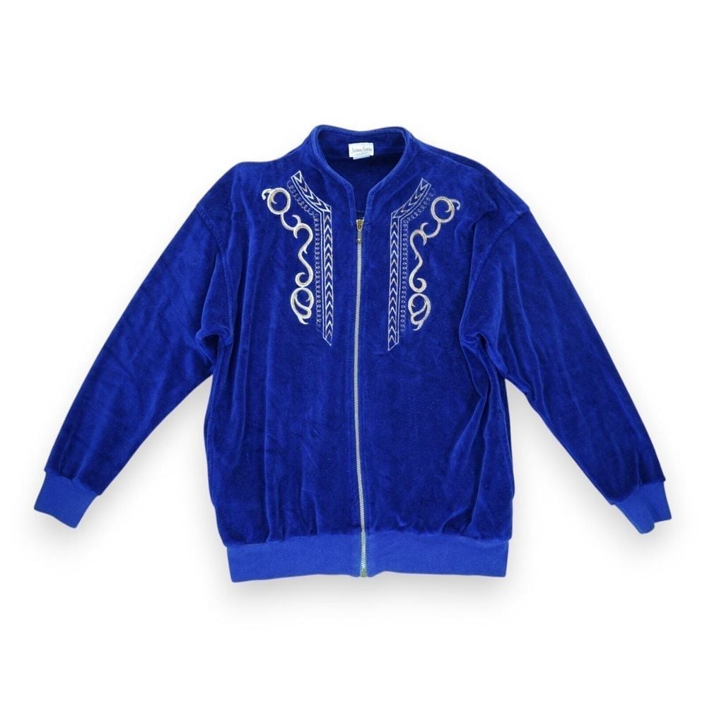 Vintage Neiman Marcus Women's Velvet Sweater Full Zip Embroidered Accents Size M