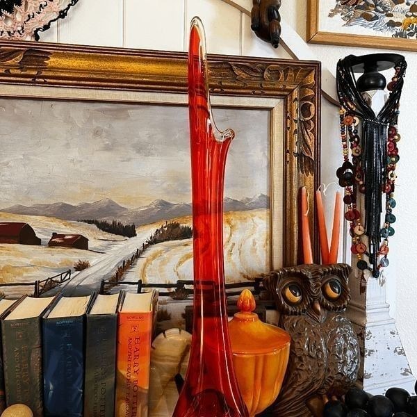 Vintage Viking EPIC Tri Foil Three Leg Toe Persimmon Glass Vase 24 3/4 MCM