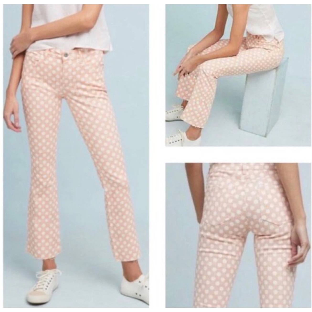 Pilcro Anthropologie Polka Dot High Rise Bootcut Jeans Size 27 Pink White Frayed