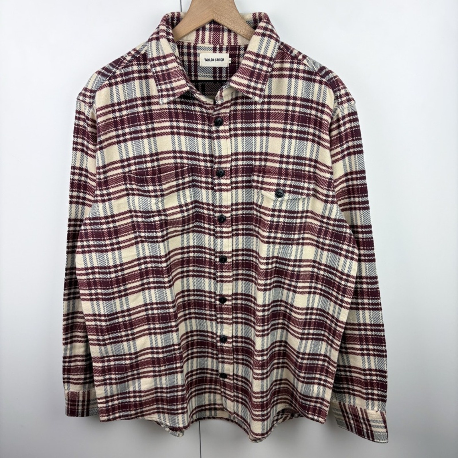 Taylor Stitch Crater Shirt Ivory Plaid 100% Organic Cotton Flannel Cream Red 46