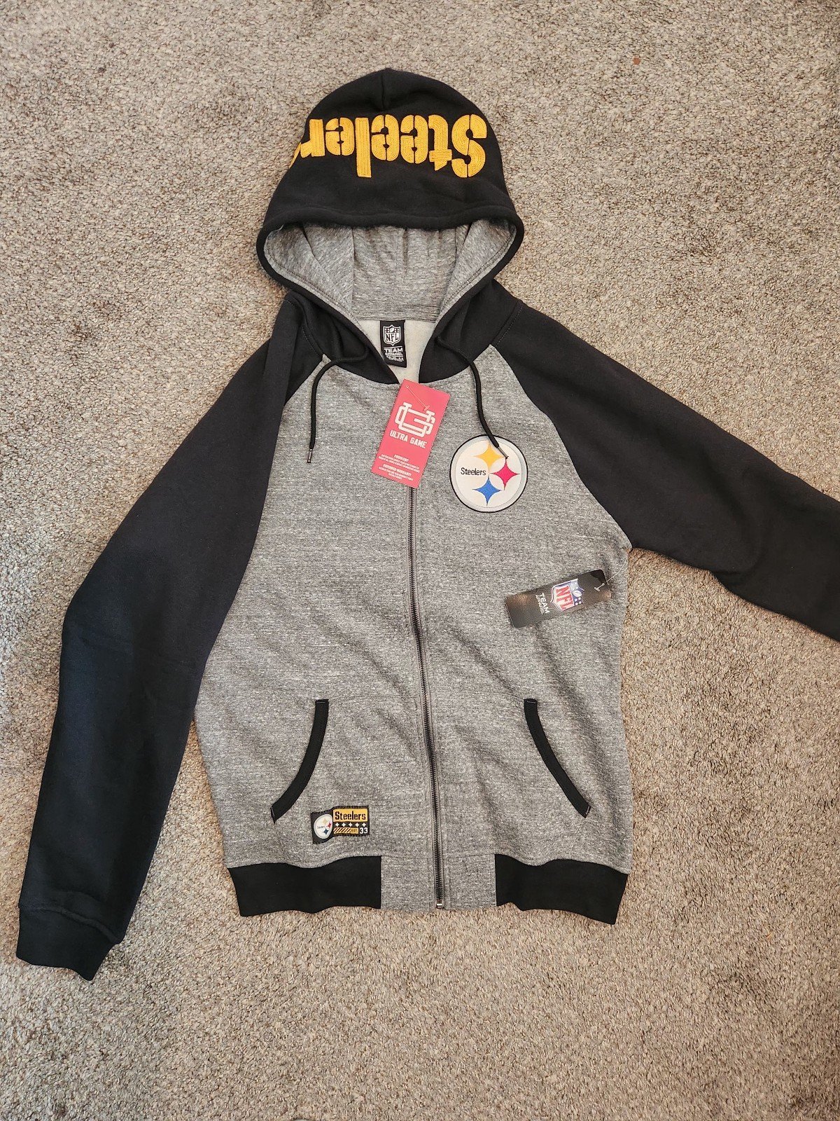 Ultra Game NFL Full Zip Soft Fleece Raglan Hoodie Pittsburgh Steelers