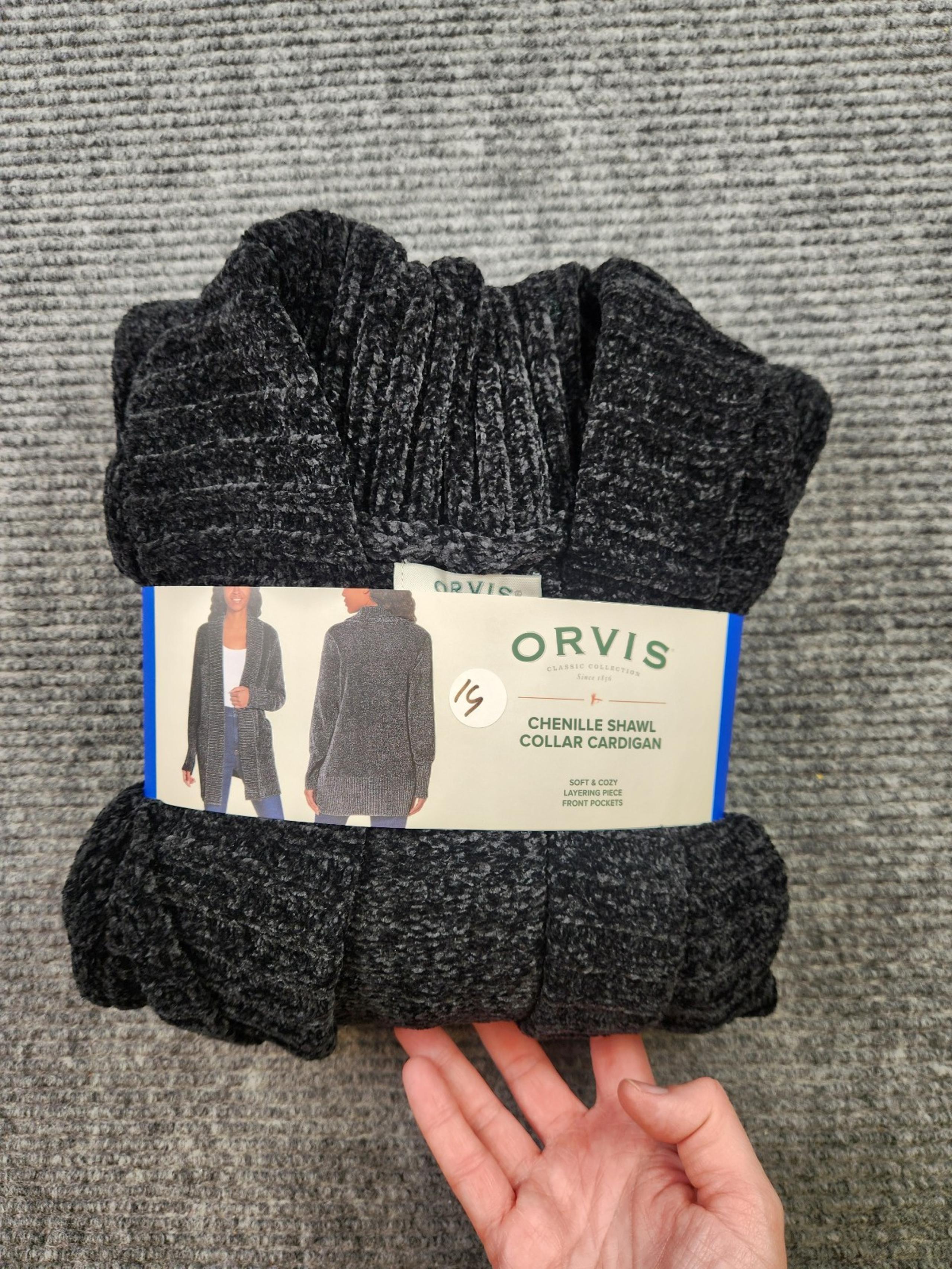 Orvis Ladies Cardigan Black Sweater Chenille Pockets Soft Open-Front Size L NWT