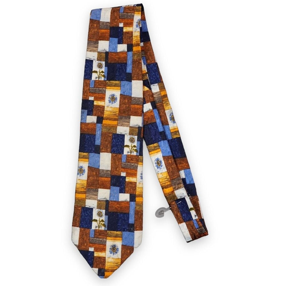 VINTAGE Ermenegildo Zegna Neck Tie Mens Blue Yellow Geometric Flower Silk 295