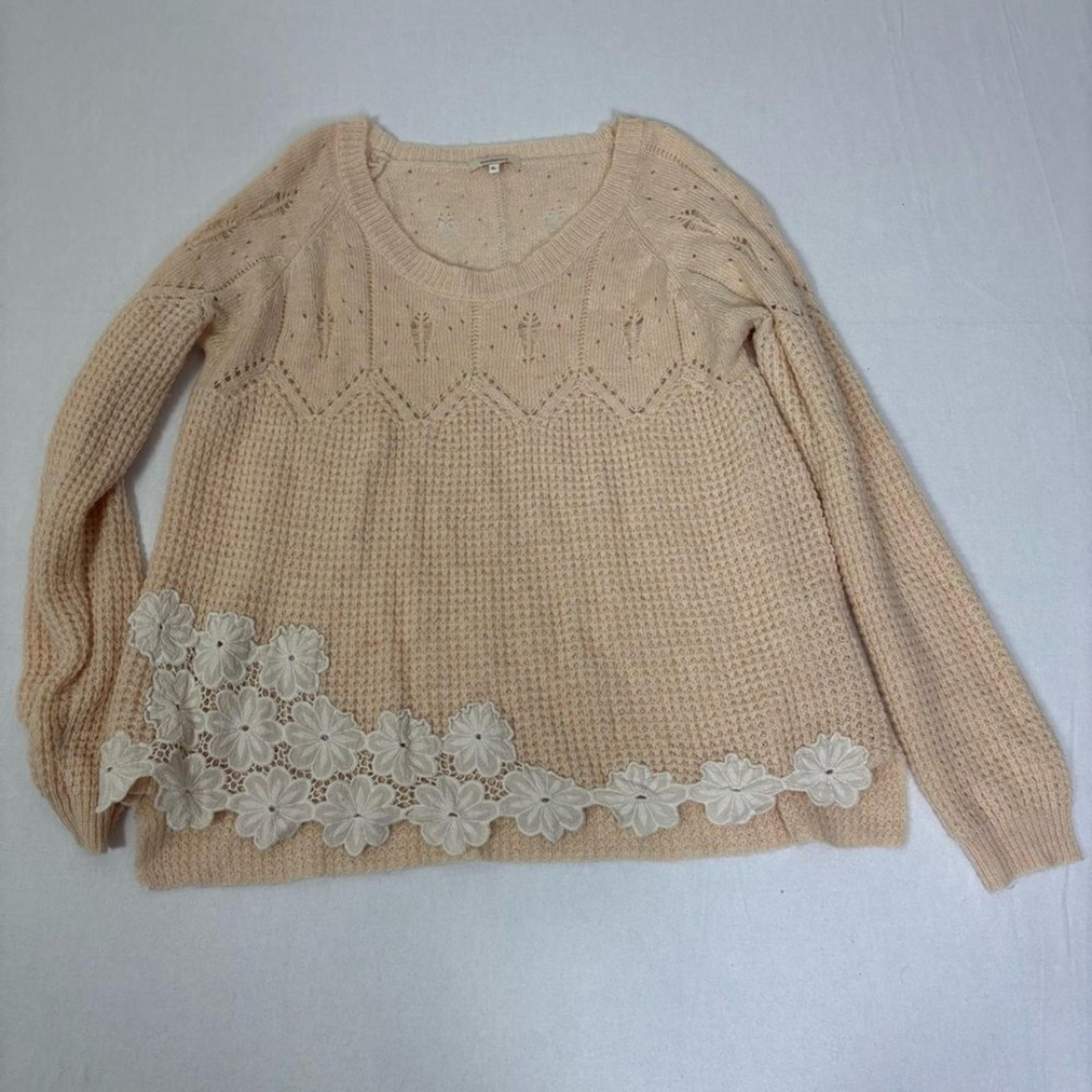 Sundance XL Sweater Pullover Peach Crochet Lace Knit Appliqué Long Sleeve Wool