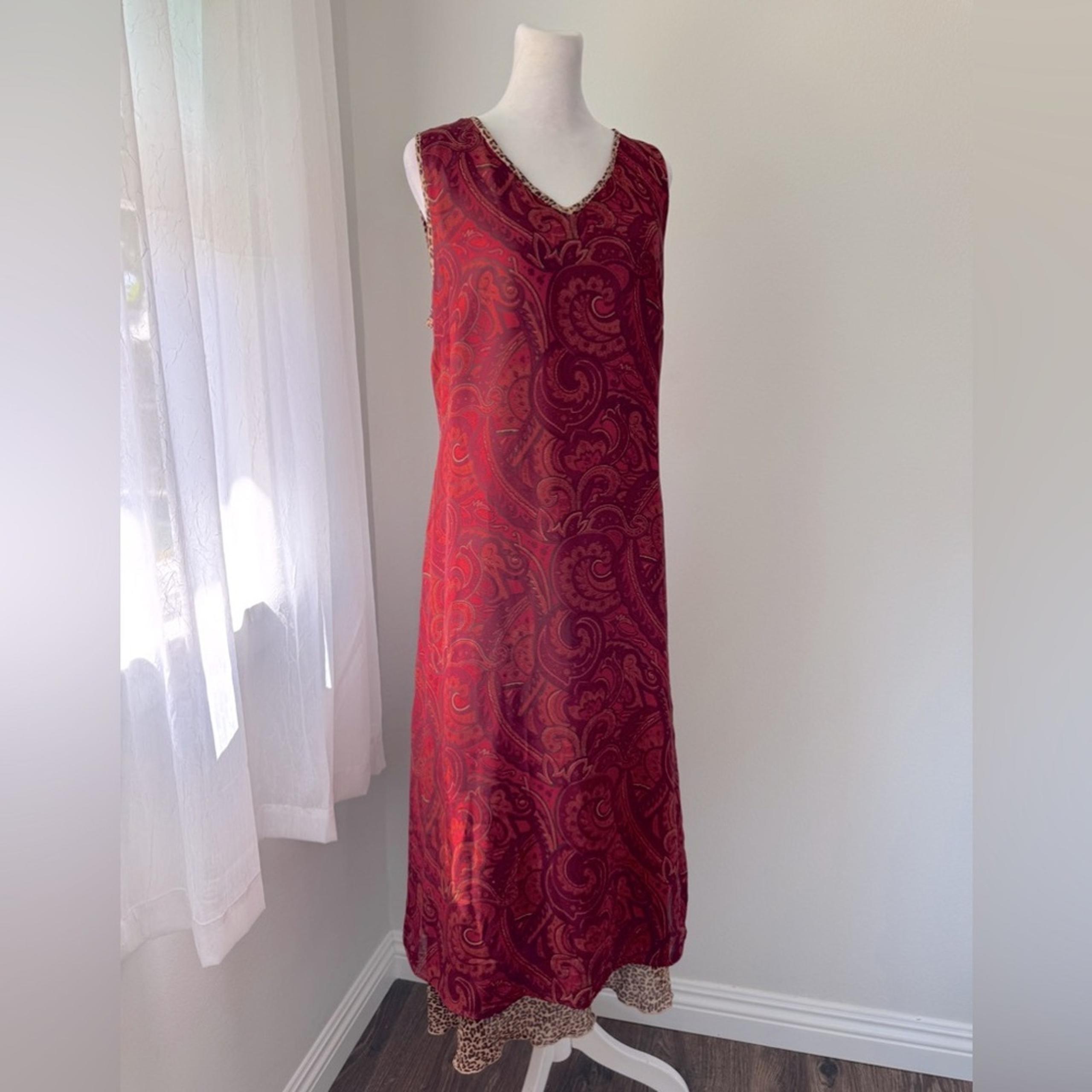 Vintage ‘90s Studio Ease Burgundy Sleeveless Maxi Dress w/ Leopard Print Trim