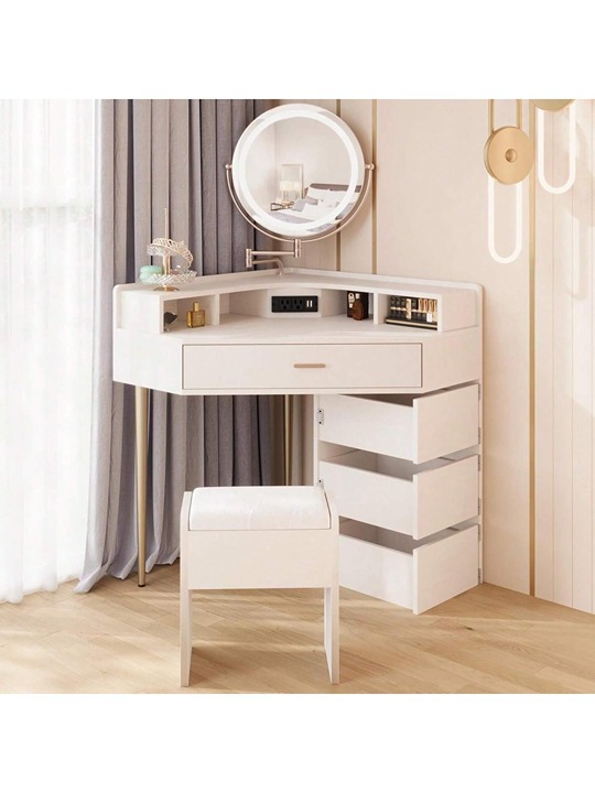 2 Piece Set Corner Vanity Desk With Cushioned Stool